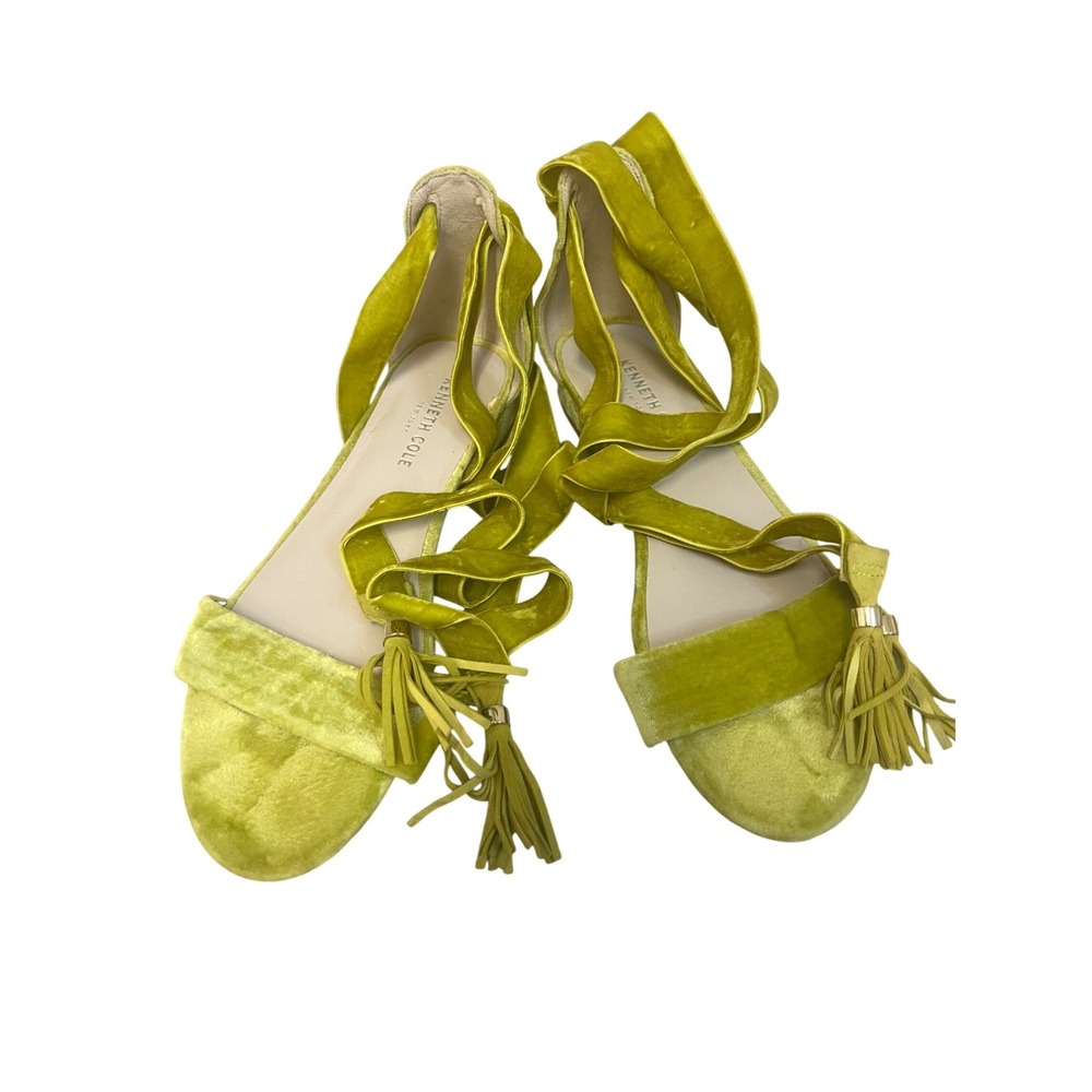 Kenneth Cole Sandals Womens Velvet Lace Up Tassel Chartreuse Sz 7.5 Boho Y2K